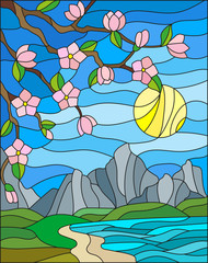 Illustration in stained glass style with the cherry blossoms on a background of mountains, sky , sun  and the sea