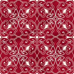Seamless Vintage Red Chinese Background Spiral Cross Round Flower Kaleidoscope