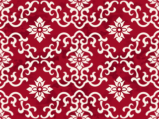 Seamless Vintage Red Chinese Background Wave Curve Spiral Flower Cross