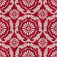 Seamless Vintage Red Chinese Background Botanic Spiral Curve Cross Flower