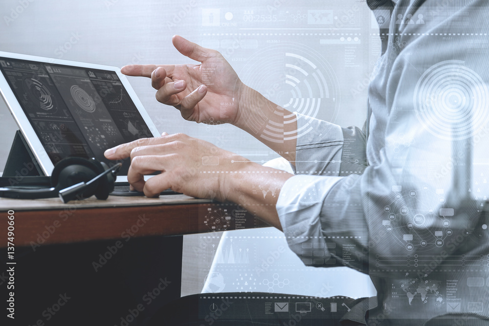 Poster business man using voip headset with digital tablet computer docking smart keyboard, concept communi