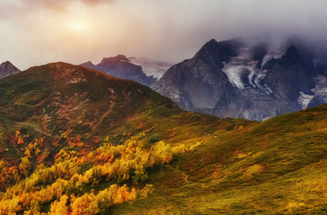 Thick fog on the mountain pass Goulet. Georgia, Svaneti. Europe.
