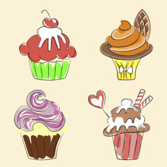 Collection of Hand drawn cupcakes, sketch style. Isolated on white background. Pastel colors. Vector illustration eps 10
