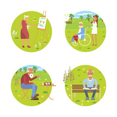 Banners of Retired elderly seniors age couple in flat character design. Grandpa and grandma walking in the park. Grandparents with walking stick and invalid chair outdoor isolated. Vector eps 10