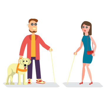Blind man with walking stick and woman with guide dog. Isolated Vector illustration of Disabled people