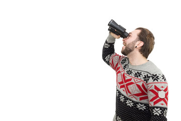 man with binoculars on a white background