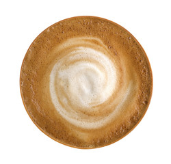 Top view of hot coffee cappuccino spiral foam isolated on white background, clipping path included
