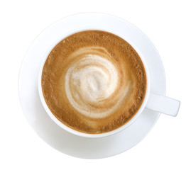 Hot cappuccino coffee spiral foam top view isolated on white background, clipping path included