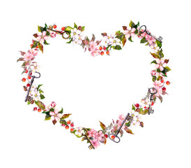 Floral wreath - heart shape. Pink flowers, hearts, keys. Watercolor for Valentine day, wedding