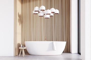 Bathroom with lamps, light wood
