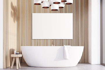 Bathroom with lamps, light wood, poster