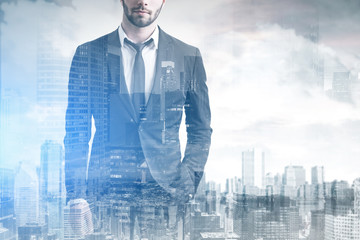 Fototapeta premium Man with black tie and a city, toned