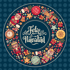 Feliz navidad. Xmas card on Spanish language. Warm wishes for happy holidays 