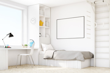 Child room with a bed and a table, corner