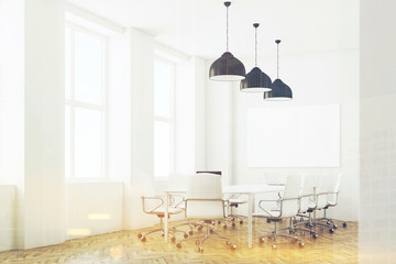 White meeting room with lamps, side, toned