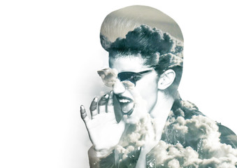Double exposure of rocker girl screaming and stormy cloudscape