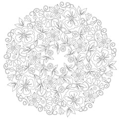 Doodle floral round ornament in black and white. Page for coloring book: relaxing job for children and adults. Zentangle drawing.