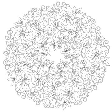 Doodle floral round ornament in black and white. Page for coloring book: relaxing job for children and adults. Zentangle drawing.
