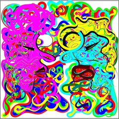 abstract colored pieces with cords and ribbons and face of a man with a blue face and a woman with a pink face with long hair