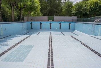 Empty swimming pool with metal ladder.