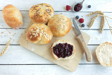 Marmelade Brötchen Frühstück Fruchtaufstrich Tisch Top View 