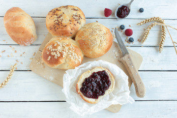 Marmelade Brötchen Frühstück Fruchtaufstrich Tisch Top View 