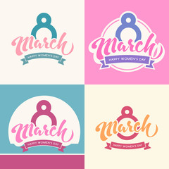 8 march happy international womens day lettering isolated website flat icon. Women holiday vector label set