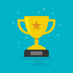 Trophy Cup Vector Flat Icon with star on cyan background