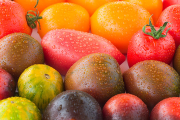 Red tomatoes with water drops closeup. top view