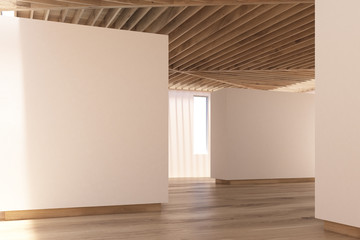 Art gallery wooden floor, ceiling, side