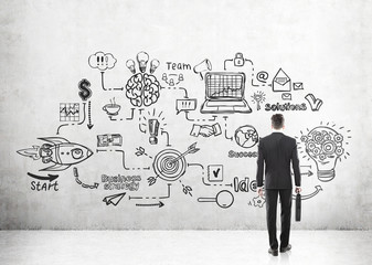 Rear view of man with suitcase and business scheme