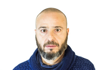 Handsome, bald man with beard on white background