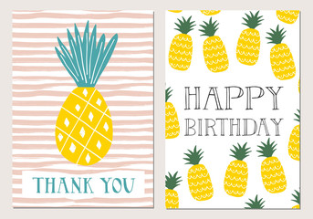 Set of pineapple cards. Happy birthday. Thank you. Vector