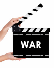Hands holding a clapper board with WAR text