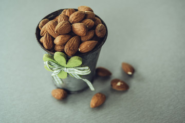 Almonds in metal bucket