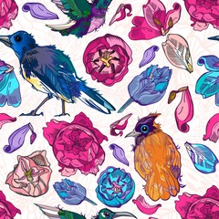 Vector seamless pattern of colorful vintage flowers and birds.