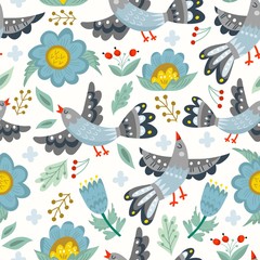 Vector seamless pattern of birds and flowers in cartoonish style.