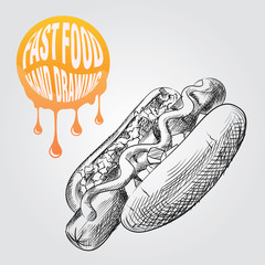 Hot Dog hand drawn sketch isolated on white background and yellow blob with drops. Fast food sketch elements vector illustration