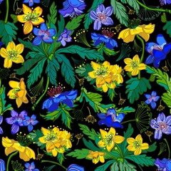 Spring flowers pattern in bright colors and vintage style.