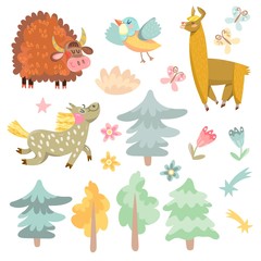 Vector set of cute animals from farm.