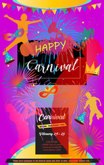 Carnival, Music Festival, Masquerade poster, invitation design. Carnival Vector Fireworks, confetti, musicians, kids, crown, mask symbols.