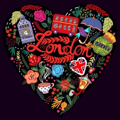 Vector illustration of Heart made from London's symbol in bright colors.