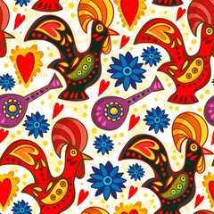 Vector seamless pattern of traditional Portuguese rooster in bright colors.