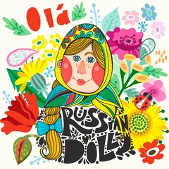 Cute cartoon illustration of Russian Doll with flowers and hand-draw letters.