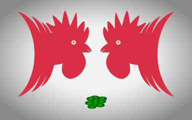 Two roosters ready to fight for handful of grain