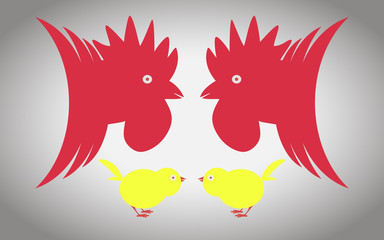 Two roosters and two chickens  ready to fight
