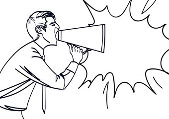 Pop Art Businessman Shouting in Megaphone. Vector illustration eps 10.