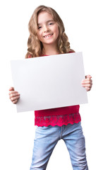 Child girl smiling hold white sheet blank isolated.