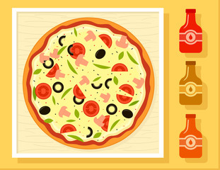 pizza in a box and sauce bottles set
