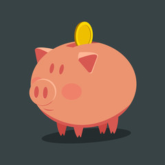 Piggy bank. Cartoon pig with a coin on grey background